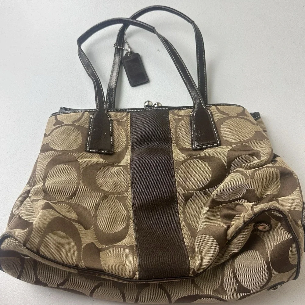 Coach F17424 Signature Stripe Framed Carryall Tote Bag In Tan & Brown Leather